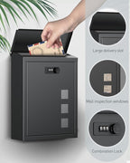 Uniclife Large Mailbox, Wall Mount Mailboxes for Outside, Mail Boxes with Combination Lock, Security Locking Key Drop Box for House School Office and Outdoor, Black