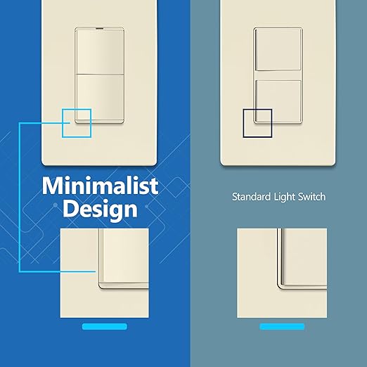 LIDER Minimalist Design Matte Finish Lighted Double Switch with Screwless Wall Plate, Combination Decorator Switch with Locator Light, Ground Terminal, Single Pole, 15A 120V, UL Listed, Light Almond