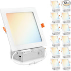 PARMIDA (12 Pack) 6 Inch Square 5CCT Ultra Thin LED Recessed Lighting with Junction Box, 2700K/3000K/3500K/4000K/5000K 5 Color Selectable, 12W, Dimmable, Canless Wafer Slim Panel Lights, IC Rated, ETL