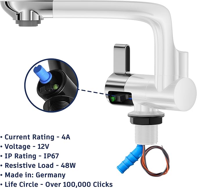 12V Faucet with Switch – German Made 1.5 BAR | Cold Water RV Sink Electric Faucet 360° Swivel Spout, 6A | for Camper Vans, Trailers, Marine Use | Single Hole – 12V Pump Compatible (White)