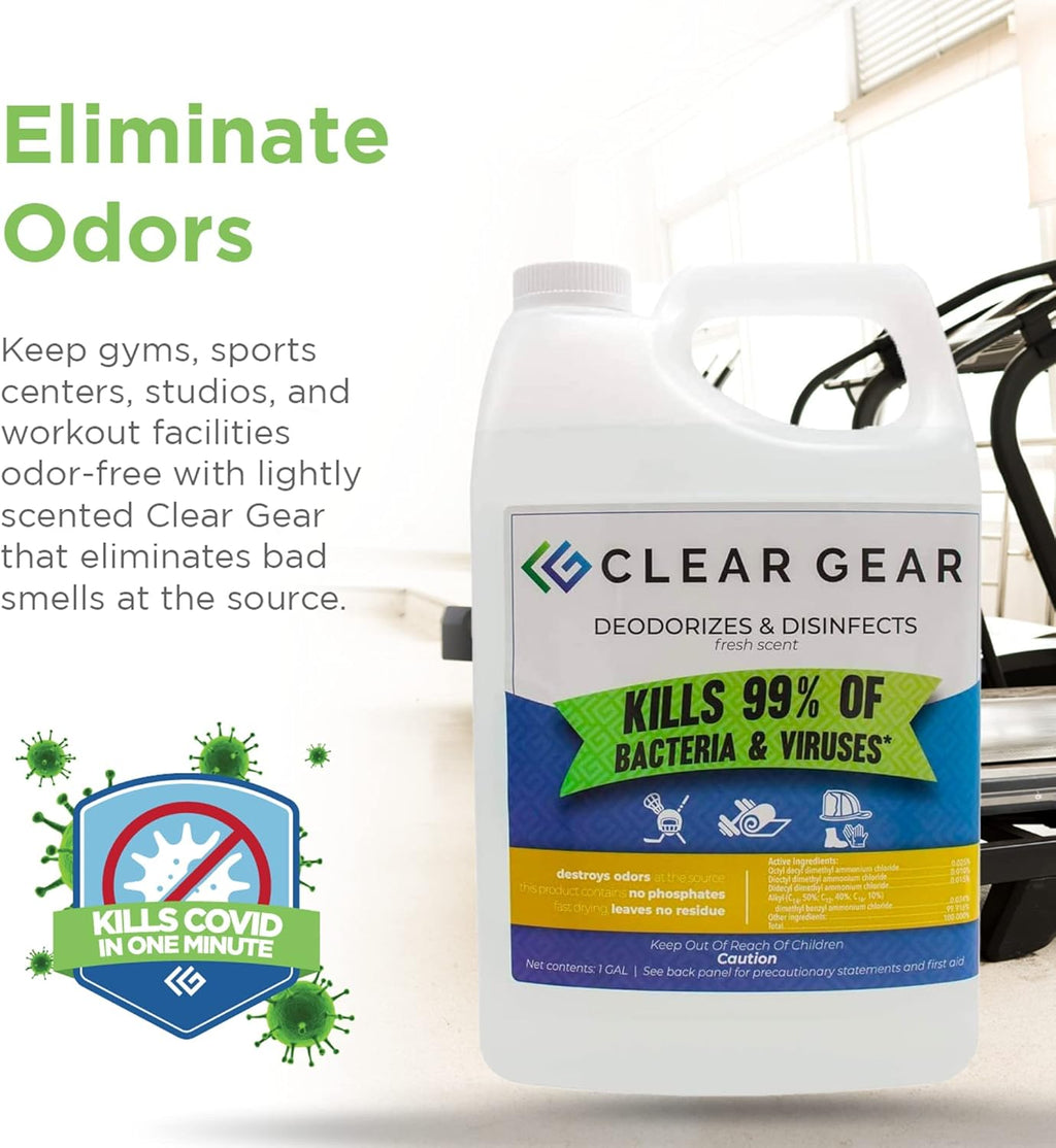 Clear Gear Gym Disinfectant Mat Cleaner, and Gym Equipment Deodorizer for Sports Equipment and Fitness Centers - EPA-Registered, Hospital Grade Disinfectant, Made in USA - (4) 1 Gallon Bottles