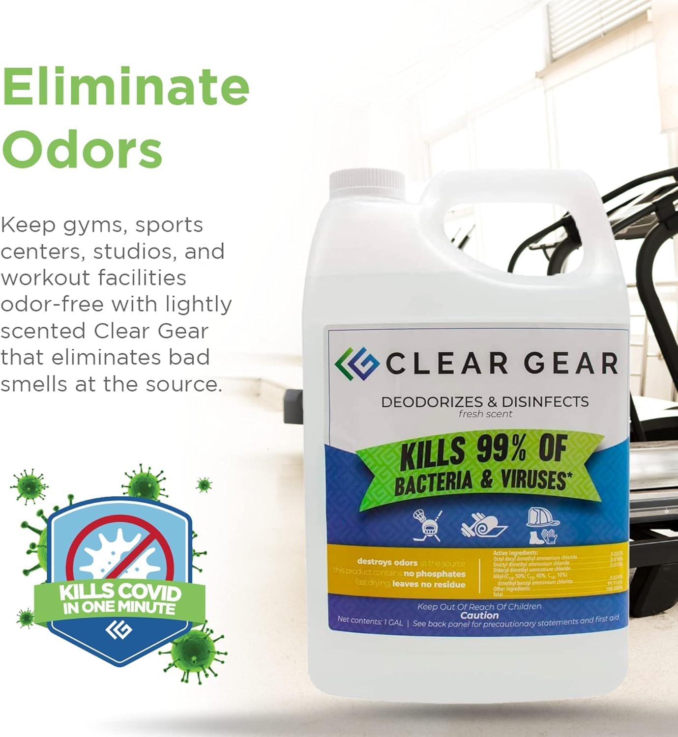 Clear Gear Gym Disinfectant Mat Cleaner, and Gym Equipment Deodorizer for Sports Equipment and Fitness Centers - EPA-Registered, Hospital Grade Disinfectant, Made in USA - (4) 1 Gallon Bottles