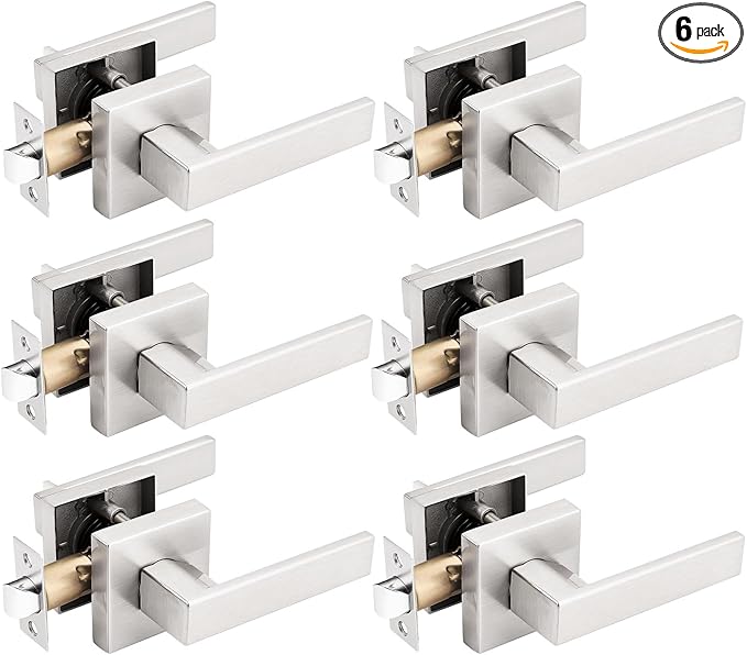 Gobrico 6 Pack Hall and Closet Levers Passage Door Handles Locks for Interior Door Satin Nickel Finished with Square Plate