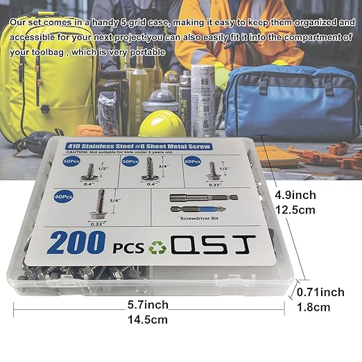 QSJ 200PCS #8 Sheet Metal Screws Set 410 Stainless Steel Fast Self Tapping Screws with Screwdriver Bit Silver