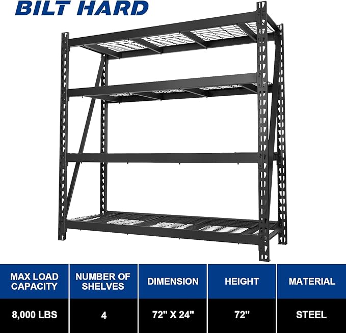BILT HARD 72" W x 24" D Heavy Duty Garage Shelving, 72" H Storage Shelves, 5-Tier Industrial Metal Shelving Units with Adjustable Shelf, Steel Wire Utility Storage Shelves, 8000 LBS