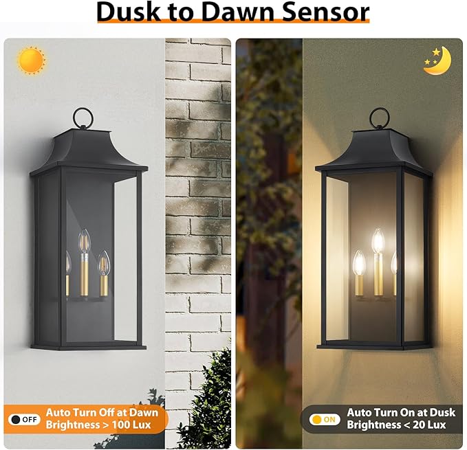 25" Outdoor Light Fixture Large Dusk to Dawn Outdoor Wall Lights, Black Exterior Light Fixture, Outside Coach Lights Wall Mount Waterproof Outside Light Fixtures for House Garage Porch Patio