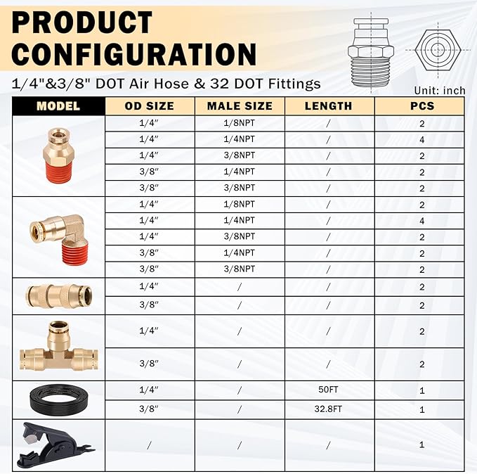 CheeMuii 32 Pcs Brass DOT Air Line Fittings With 50 FT 1/4" and 32.8 FT 3/8" DOT Air Lines Kit 3/8" 1/2" NPT Thread & Quick Connect Fittings for Semi Truck Trailer or Industrial Air System