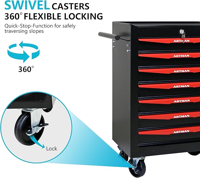 7 Drawers Rolling Tool Box on Wheels, Multifunctional Tool Chest Cabinet with Lock, Drawers Rolling Tool Cart Trolley Organizer Tool Storage Case for Warehouse,Garage,Workshop (Black&Red)