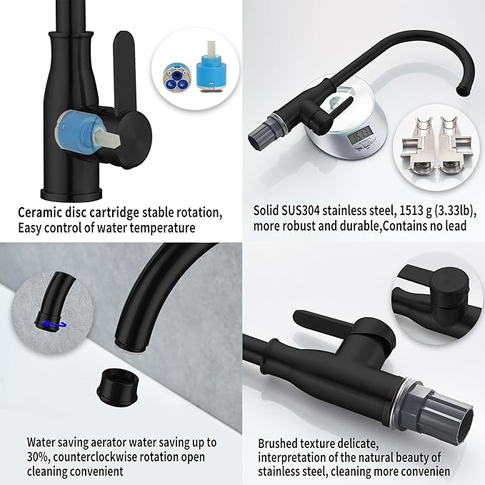 Single Handle Kitchen Faucet Stainless Steel Matte Black, Modern High Arc Kitchen Sink Faucet, Commercial Bar Sink Faucet One Hole with Deck