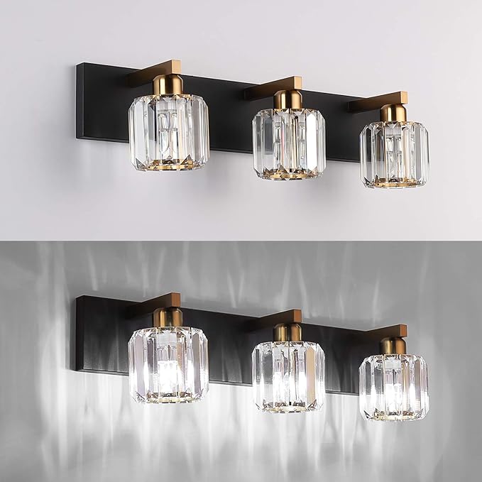 Aipsun Crystal Vanity Light Black Bathroom Vanity Lighting Fixtures 3 Lights Modern Vanity Light for Bathroom (Exclude Bulb)