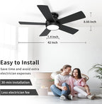 42 Inch Black Ceiling Fans with Lights and Remote, LED Low Profile Flush Mount Ceiling Fan for Bedroom, Living Room, Patio, Quiet DC Motor, 5 Blades