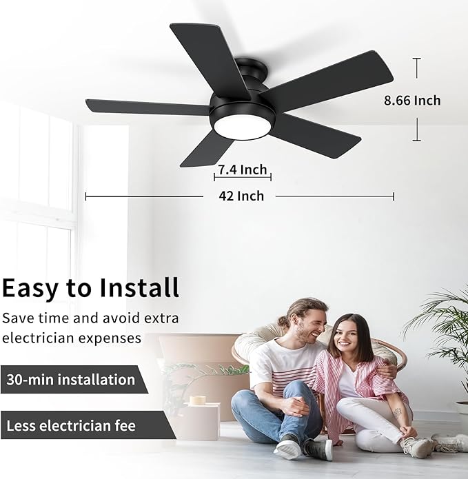 42 Inch Black Ceiling Fans with Lights and Remote, LED Low Profile Flush Mount Ceiling Fan for Bedroom, Living Room, Patio, Quiet DC Motor, 5 Blades