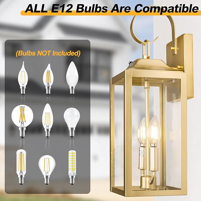 Gold Dusk to Dawn Outdoor Wall Lantern 2-Light, 19" Large Modern Wall Sconce Light Fixture, Industrial Porch Light, Waterproof Farmhouse Exterior Lamp Lighting