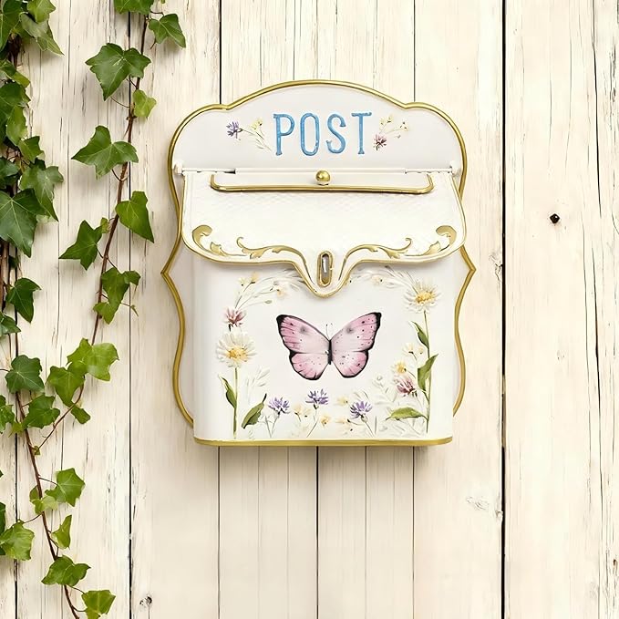 Mailbox Wall Mount Mailboxes for Outside Vintage Mail Boxes for House Outside Metal Drop Box Antique Style Nostalgic Charm Home Decorative Butterfly Pink