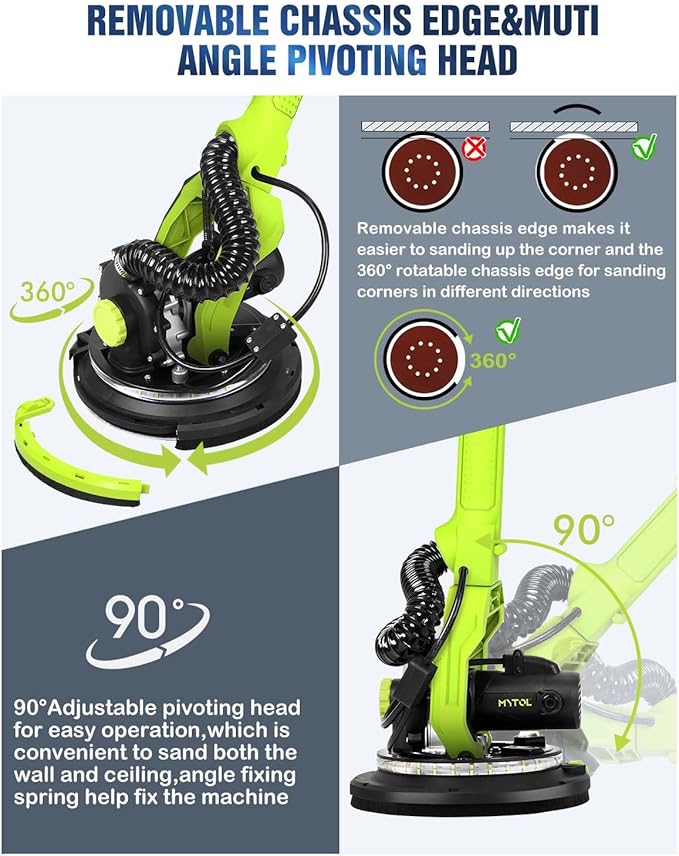 Drywall Sander, 7.2A Electric Drywall Sander with Vacuum Dust Collection, 6 Variable Speed 900-1800RPM, LED Light, Foldable & Extendable Handle, 9 Pcs Sandpaper&3 Pcs Grid Sandpaper, Full Green