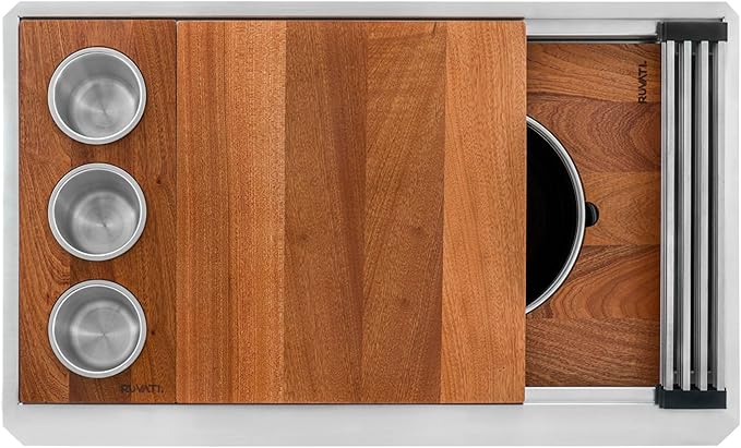 Ruvati 33-inch Workstation Kitchen Sink - Dual Tier Double Bowl Kitchen Sink - Low Divide Undermount Sinks - 16 Gauge Stainless Steel Kitchens Sinks - RVH8255