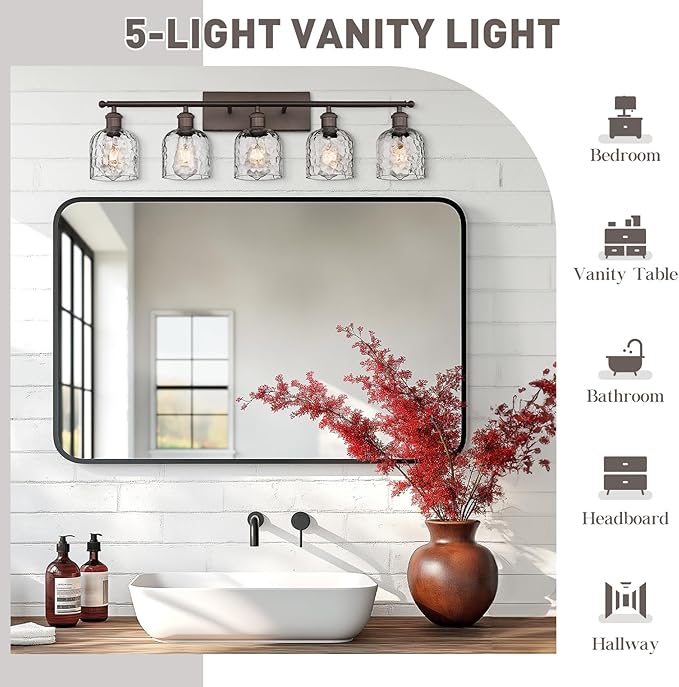 zeyu 35 Inch Farmhouse Bathroom Lighting Fixture, 5-Light Bathroom Vanity Light, Oil Rubbed Bronze Finish with Clear Hammered Glass, ZJF63B-5W ORB