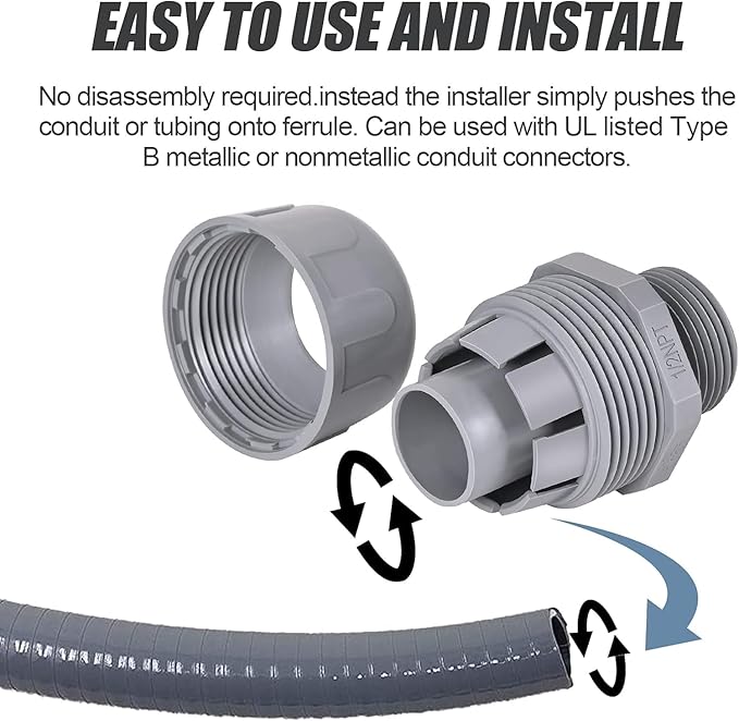 Liquid Tight Connector 1/2 in - Non-Metallic Electrical Conduit Fittings, UL Listed PVC Conduit Fitting (Straight, 64 Pack), Gray