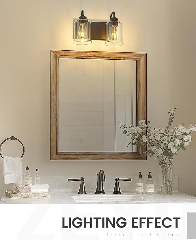 zeyu Oil Rubbed Bronze Bathroom Light Fixtures, 2-Light Bath Vanity Light, 12.5 Inch Farmhouse Wall Sconces with Clear Glass Shade, ZSL72B-2W ORB