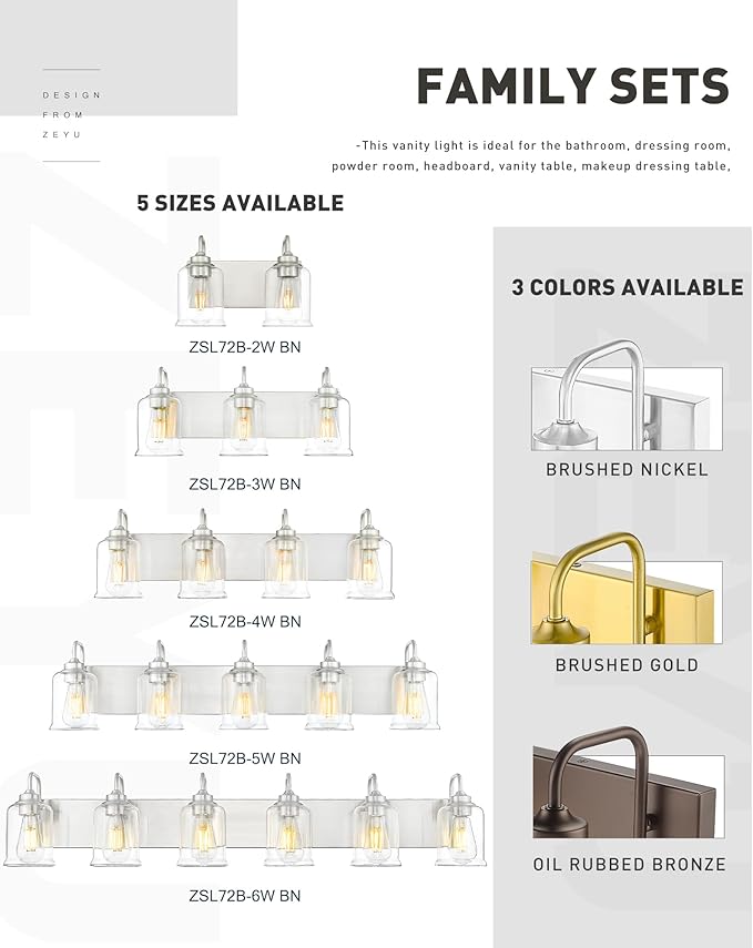 zeyu 12.5 Inch Modern Bathroom Vanity Light Fixtures, 2-Light Wall Mirror Light for Bathroom, Brushed Nickel Wall Sconces with Clear Glass Shade, ZSL72B-2W BN