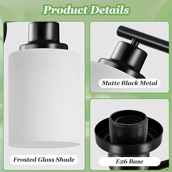 3-Light Black Bathroom Light Fixture with with Milky White Frosted Glass Shade, Matte Black Vantiy Lights for Bathoom Bedroom Living Room - E26 Base