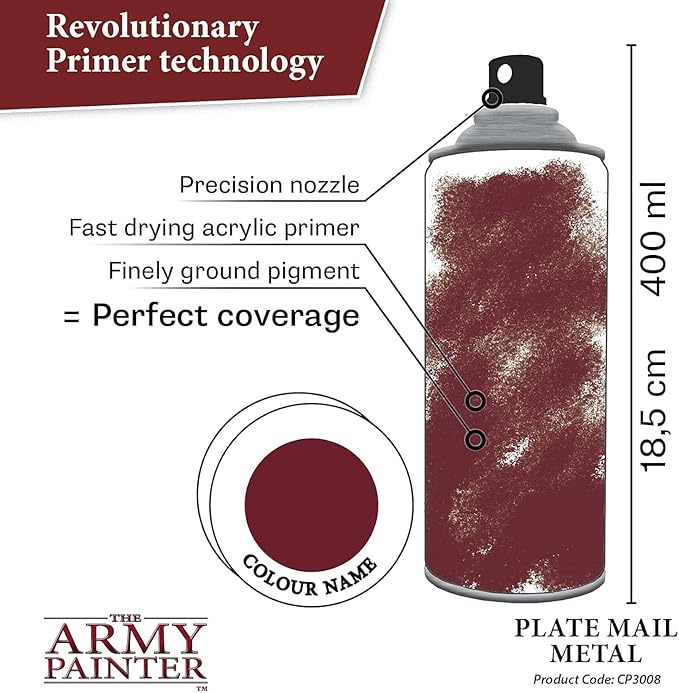 The Army Painter Colour Primer Plate Mail Metal, 400 mL Acrylic Spray Primer, Spray Paint Basecoat for Miniature Priming, Tabletop Roleplaying, Boardgames, and Wargames Miniature Modelling