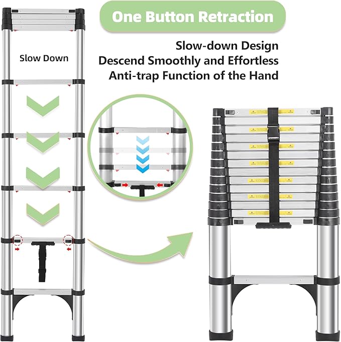 Telescoping Ladders 15.5 FT Aluminum Ladder - One-Button Retraction Collapsible Extension Ladder for Home,RV,Attic & Loft, Lasts 330 LBS with 2 Triangle Stabilizers and 2 Detachable Hooks