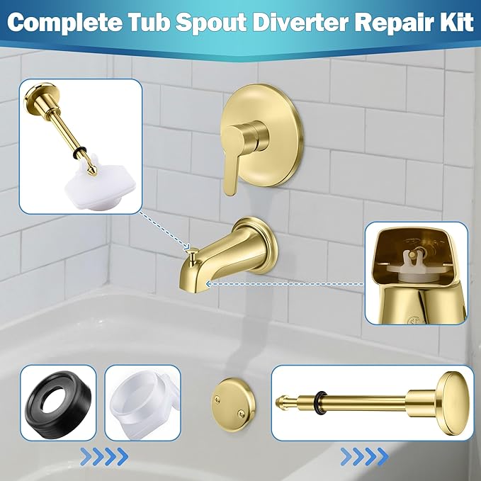 Enhon 2 Set Tub Spout Diverter Repair Kit, Includes 2 x Diverter Valve Stems, 2 x Cup Seals and Gates, Bathroom Shower Bathtub Leaky Faucet Repair Replacement Parts (Polished Brass,Classic)
