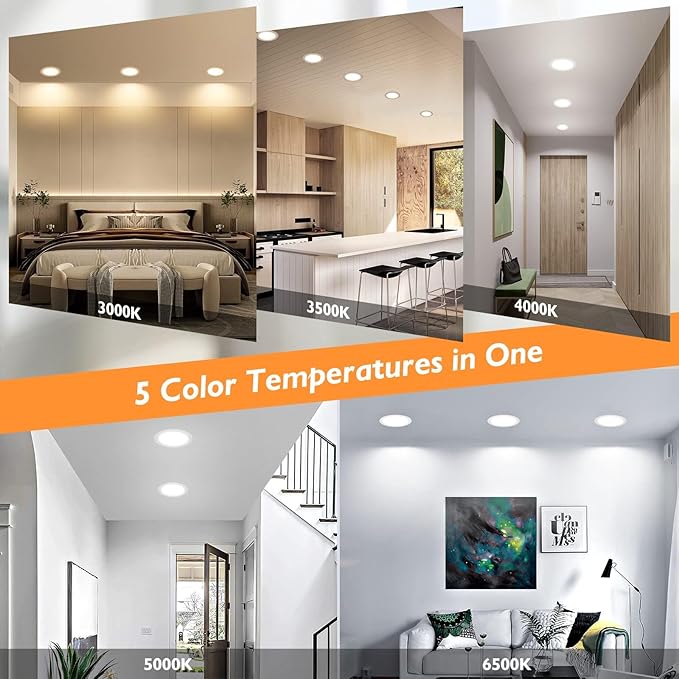 BesLowe 12 Packs 6 Inch 5CCT LED Recessed Ceiling Lights Ultra-Thin with Junction Box, 12W 150W Eqv, 3000K/3500K/4000K/5000K/6500K, 1200LM Dimmable Canless Downlights for Kitchen Hallway Dining Room