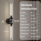 Black Wall Sconces Set of 2, Double Lights 30" Knurled Texture Indoor Wall Light Fixtures, Bathroom Vanity Light Fixtures with Clear Glass, Modern Wall Lamp for Living Room Hallway(Bulb Included)