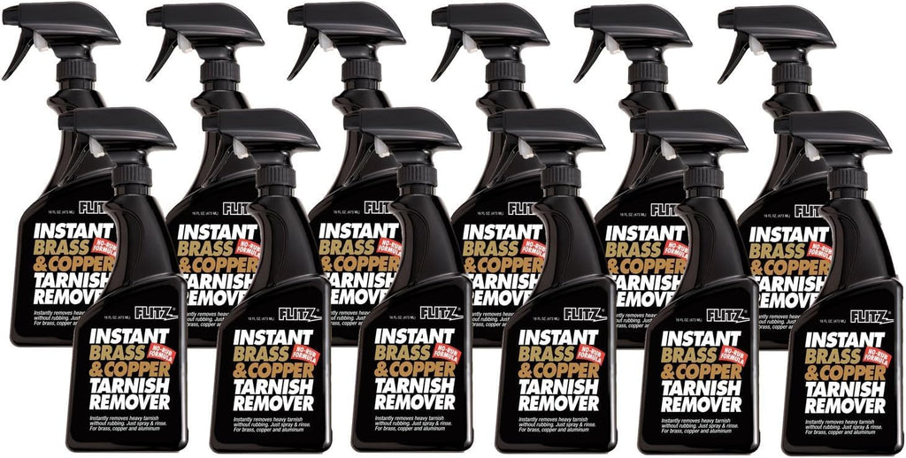 Flitz Instant Brass and Copper Tarnish Remover - 16oz Bottle of USA-Made Organic Rust Remover Spray (No-Rub) - Removes Stains & Oxidation from Glass & Aluminum - Brass Cleaners That Work (12 Pack)