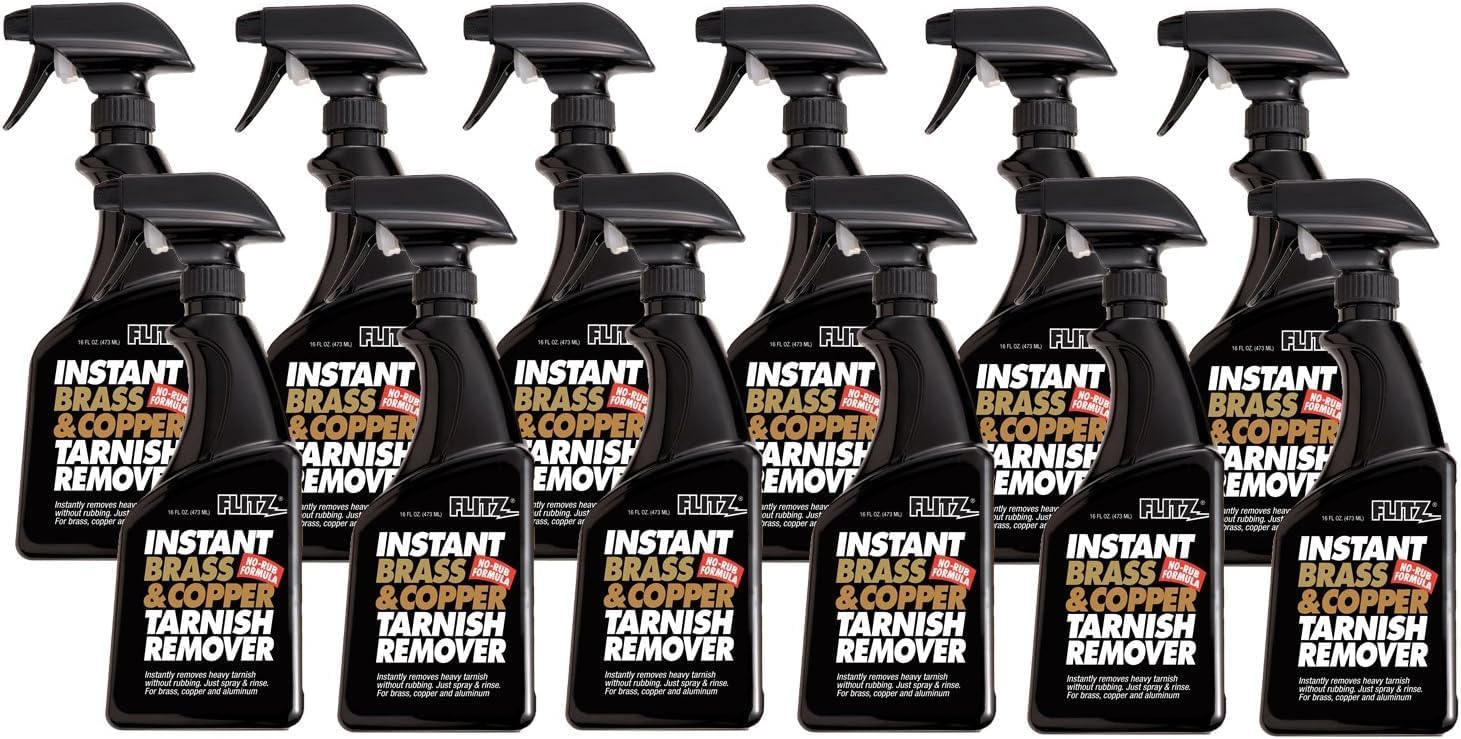 Flitz Instant Brass and Copper Tarnish Remover - 16oz Bottle of USA-Made Organic Rust Remover Spray (No-Rub) - Removes Stains & Oxidation from Glass & Aluminum - Brass Cleaners That Work (12 Pack)