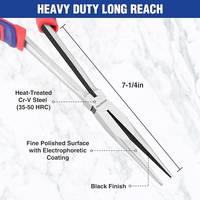 WORKPRO Premium 11” Extra Long Needle Nose Pliers, Paper Clamp Precision, Heavy-Duty CRV Steel, Soft Grip