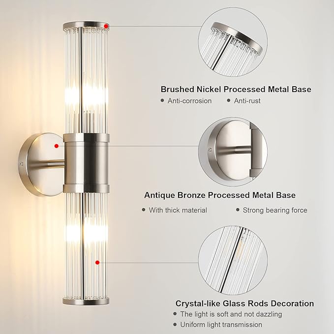 Brushed Nickel Bathroom Light Fixture, Industrial Up & Down Wall Vanity Sconce Indoor Farmhouse Glass Rods Bath Vanity Light Mirror Lighting Lamps Wall Mounted E12 Socket(Without Bulbs)