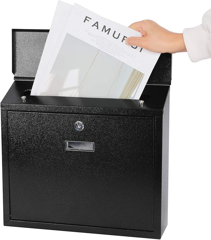 xydled Mail Boxes with Key Lock,Locking Mailbox Wall Mounted,Security Mailbox with Lock and Key,Large Capacity,Steel Cover Metal Postbox for House,14.2X 4X 12.6 Inch, Black