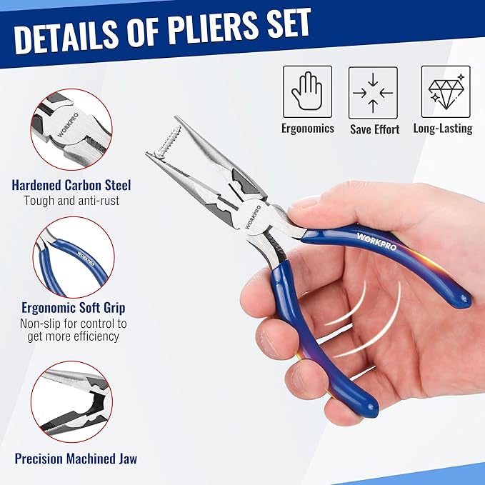WORKPRO 3-Piece Pliers Tool Set with Soft Handle, 6 Inch Needle Nose, Slip Joint, 8 Inch Groove Joint Plier for DIY & Home Use