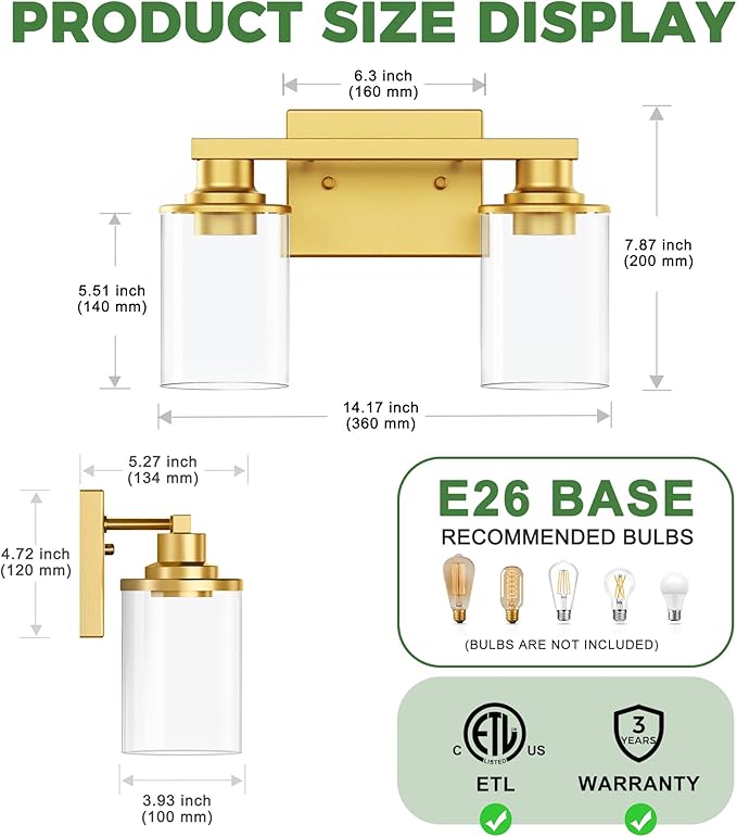 DORESshop Bathroom Light Fixtures, 2-Light Vanity Light Over Mirror with Clear Glass Shade, Vanity Lights for Living Room Bedroom, Gold, ETL Listed