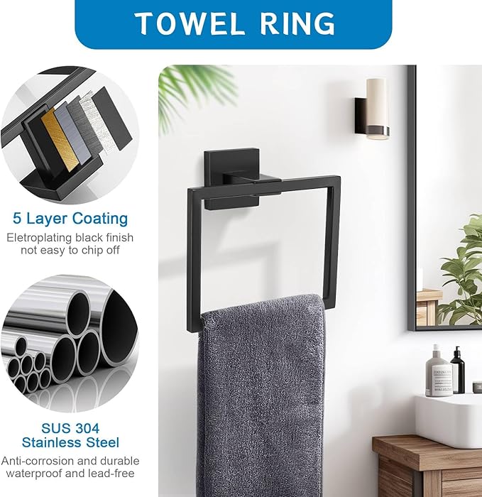 Matte Black 5 Pieces Bathroom Hardware Accessories Set Towel Bar Set Towel Holder Racks Set for Bathroom,SUS304 Stainless Steel,Wall Mounted 16-Inch Towel Bar