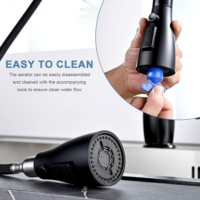 Metal Kitchen Faucet Head Replacement, 3 Functions Kitchen Faucet Head High Pressure, Matte Black Pull Down Kitchen Sink Sprayer Replacement with 9 Adapters Compatible with Most Faucets