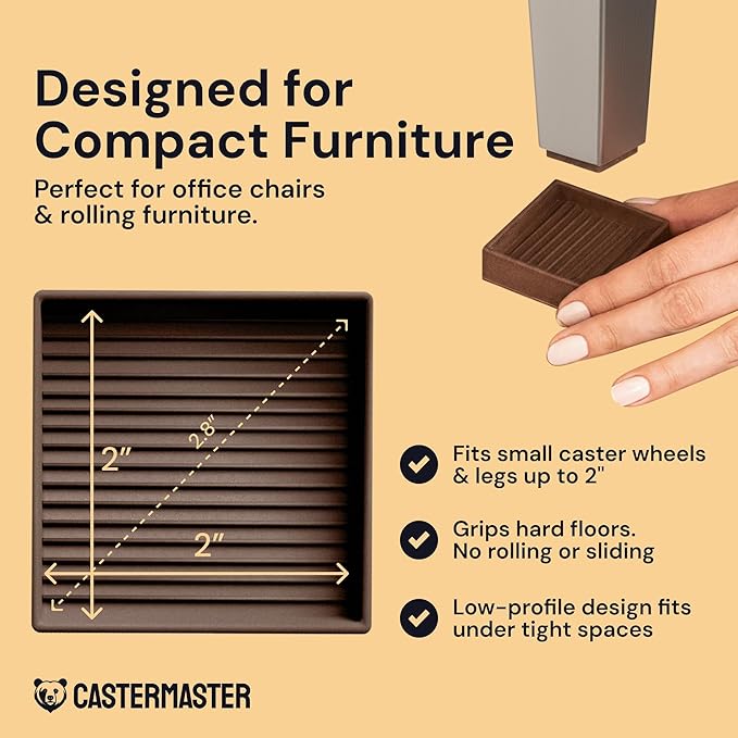 CasterMaster Non Slip Furniture Pads - 2 in x 2 in Brown 4 Pack - Chair Leg Floor Protectors & Furniture Sliders for Hardwood, Vinyl & Tile Floors - Bed Stoppers
