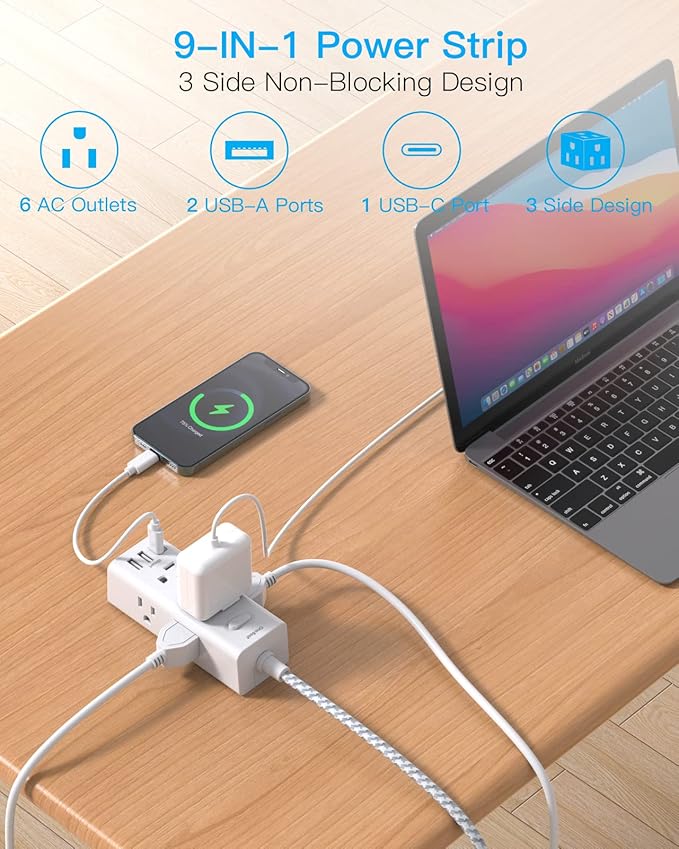 10 Ft Power Strip Surge Protector - One Beat 6 Widely Outlets with 3 USB Ports(1 USB C), 3 Sided Outlet Extender, Flat Plug Extension Cord, Wall Mount Power Strip for Home Office Travel College Dorm