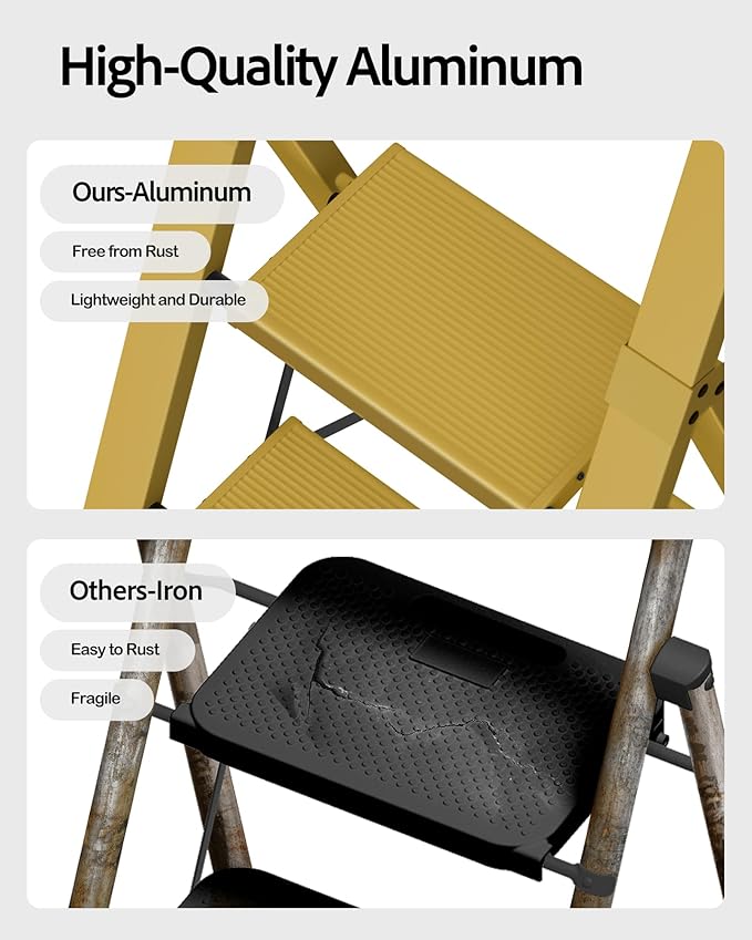 Taranta 3 Step Ladder, Lightweight Aluminum Step Stool with Convenient Handgrip, Folding Ladder with Anti-Slip Pedals, 330lbs Capacity Stepladder for Home, Office, Kitchen - Twilight Yellow