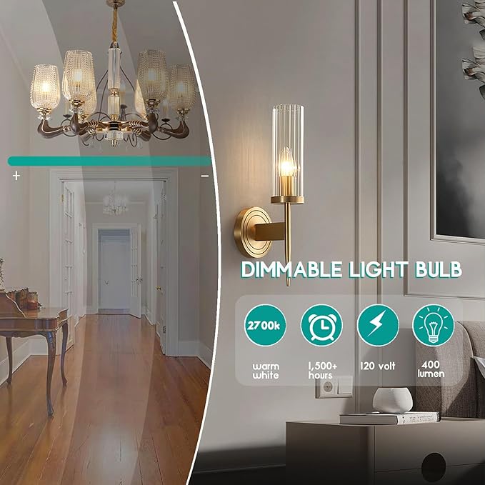 E12 60 Watt Incandescent Candle Light Bulbs, Chandelier Light Bulbs for Ceiling Fan, Vanity, Outdoor - Warm White 2500K, 500 Lumen Dimmable B10 Clear Candelabra Base Bulbs (12 Pack)