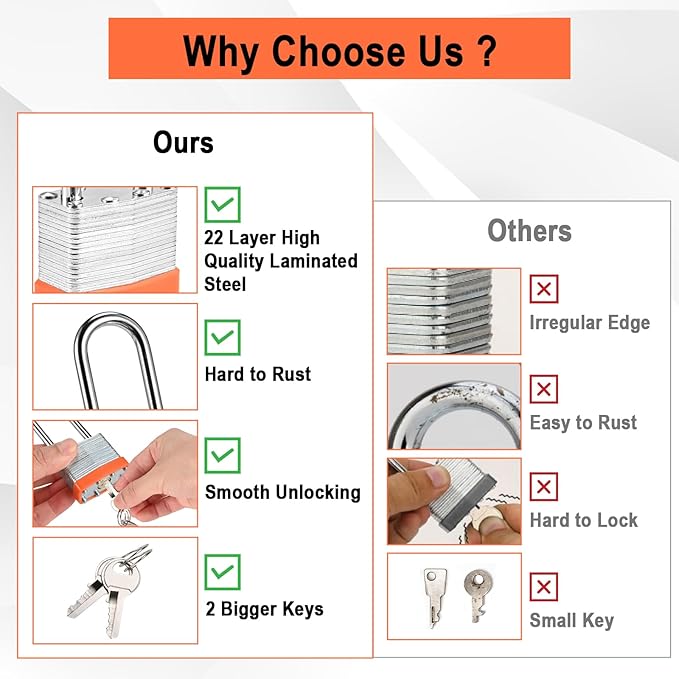 6pcs Solid Keyed Alike Padlock with 12 Same Keys - Resist Cutting, Gym Locker Lock with Key, Storage Pad Lock for Locker Gym Gate Outdoor Indoor Use (Long Shackle)