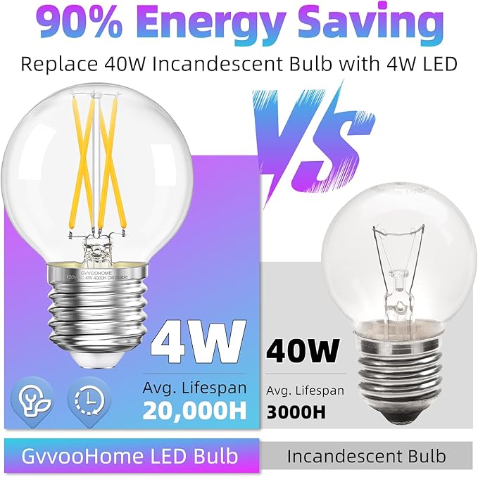 Dimmable G16.5 Light Bulb 4000K Neutral White, 4W, 40 watt Equivalent, E26 LED Globe Bulb, Round Edison Bulbs for Ceiling Fan, Chandeliers, 90+CRI 400LM, 6 Pack