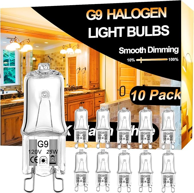 G9 Halogen Bulb 25W 10-Pack - Long Lasting, Dimmable 2800K Warm White Light Bulbs, 120V, 2-Pin Base for Chandelier, Range Hood Light