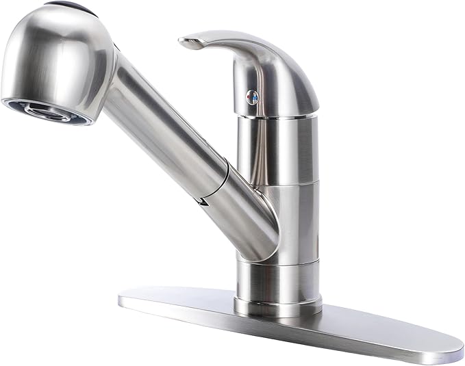 Comllen Commercial Pull Out Kitchen Faucet Brushed Nickel, Stainless Steel Single Handle Small Kitchen Sink Faucet, Single Hole Low Kitchen Faucets with Sprayer, Deck Plate