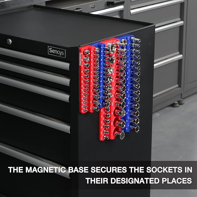 WORKPRO Magnetic Socket Organizer Set, 4-Piece Socket Holder Set Includes 1/4", 3/8" Drive Metric & SAE Socket Trays, Holds 108 Pieces Standard and Deep Size Sockets (Sockets not Included)