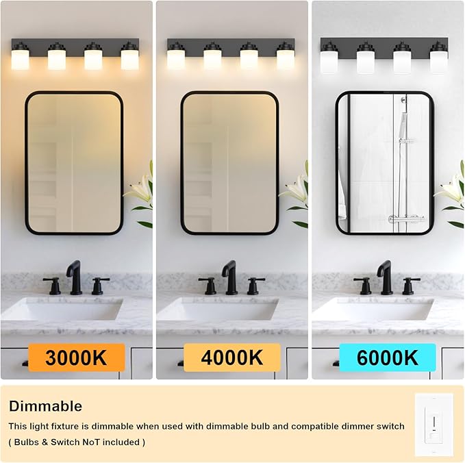 IZORRO Bathroom Vanity Light Fixture, 4-Light 27.5 Inch Matte Black Bathroom Light Fixtures Over Mirror, with White Glass Shade, Modern Farmhouse Vanity Lights, Rustic Restroom Lighting Fixtures