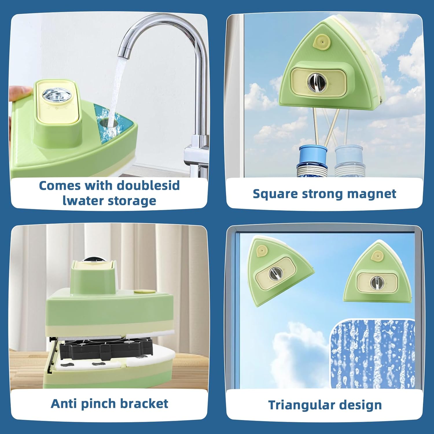 Double-Sided Magnetic Window Cleaner, Adjustable Magnetic Double Window Wiper, Equipment Cleaning Brush Tool, Suitable for 3-30mm Thickness of High-Rise and Automotive Glass Windows (1, Green)